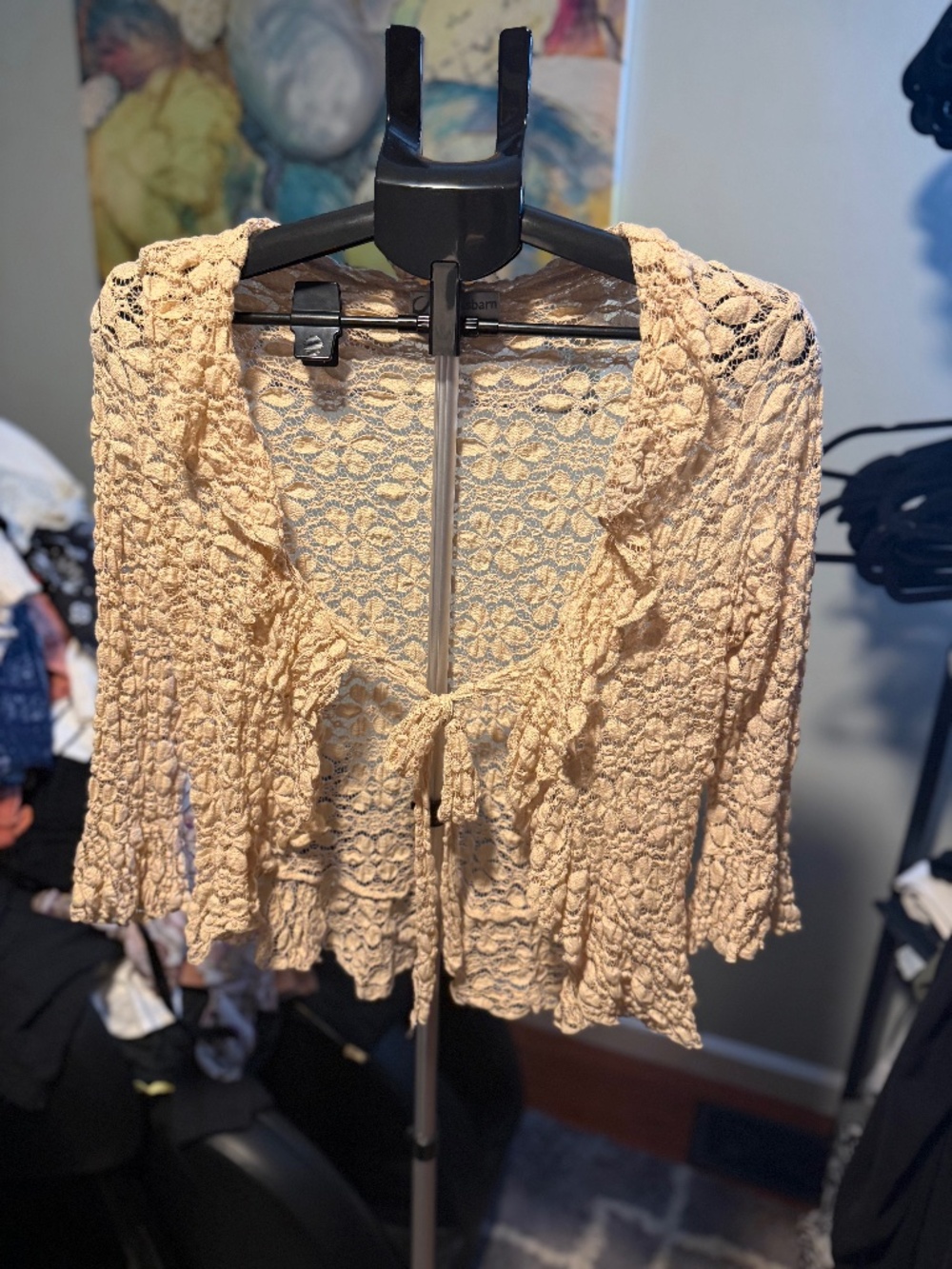 y2k boho ruffle lace shrug tie front medium cream